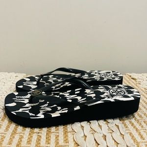 Tory Burch PVC Wedge Flip Flops Thong Sandals Black and White, Gold Logo Size 9